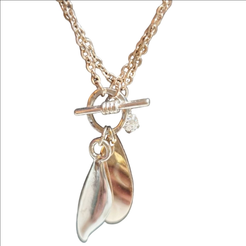 Silver Feather and Crystal Double Stranded Necklace